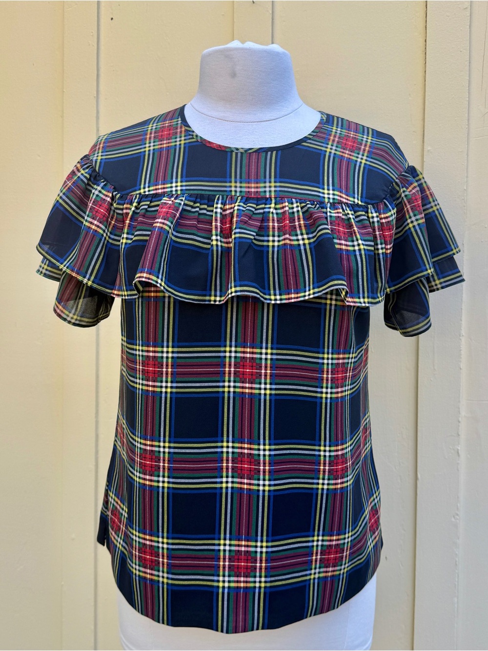 JCrew Plaid Ruffle Blouse 6 Holiday Preppy Coquette Tartan Tiered Dark Academia